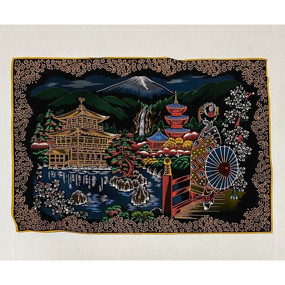 Vintage Japanese Velvet Fabric Picture Hand Painted Wall Art Japan